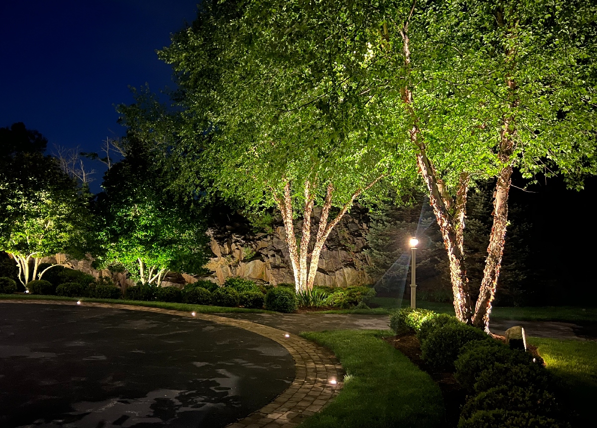 Custom backyard lighting installation by NightView Outdoor Lighting highlighting a stone patio and architectural wall features with warm accent lighting