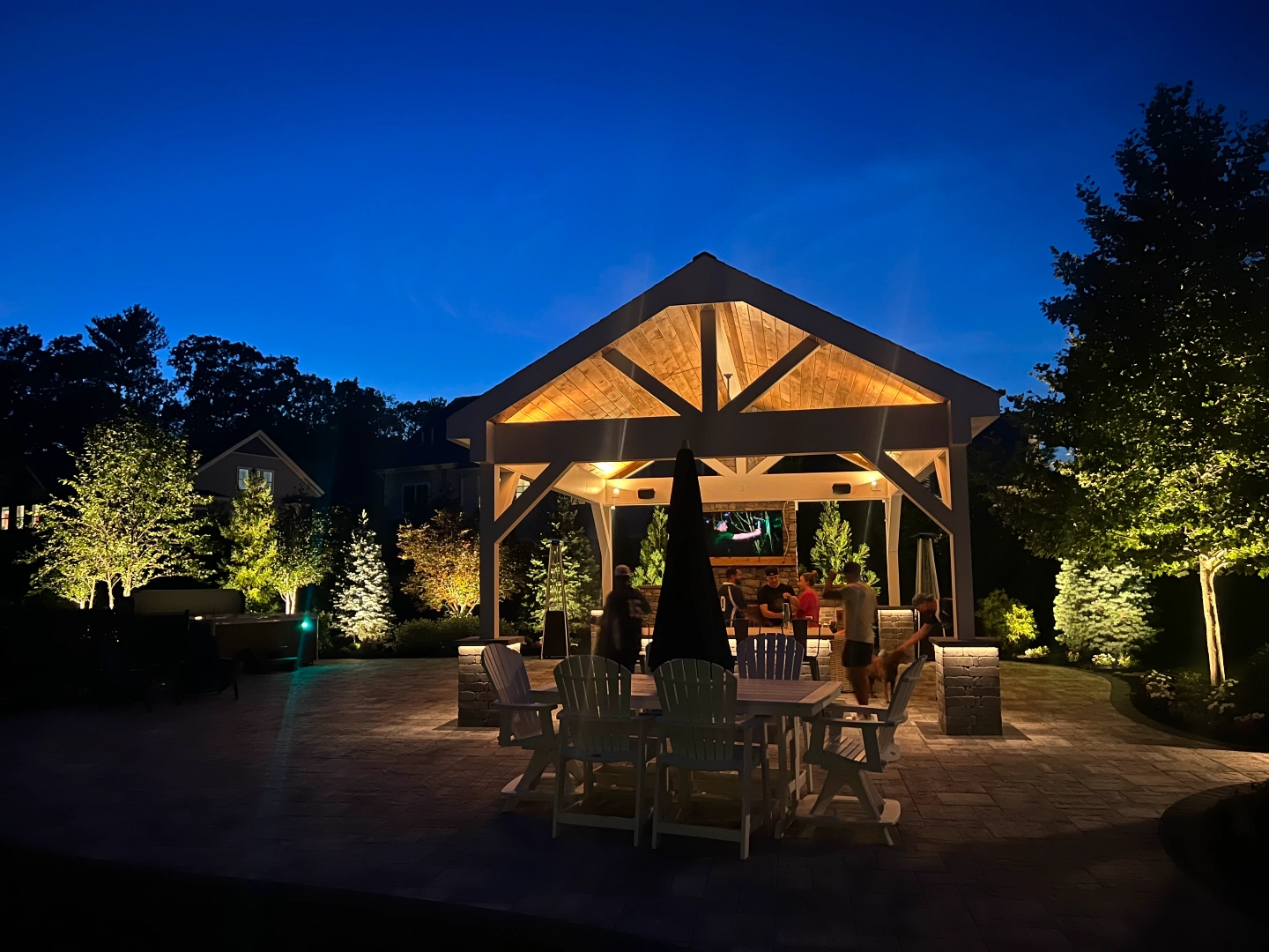 outdoor pavilion lighting installation at dusk by NightView Outdoor Lighting